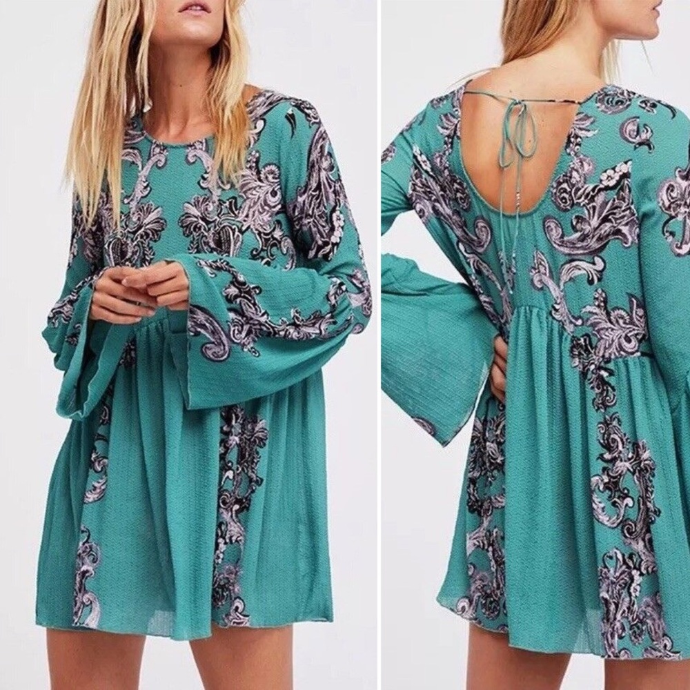 NWOT Free People FP Intimately Floral Print Slip Dress Mini Teal Blue Green